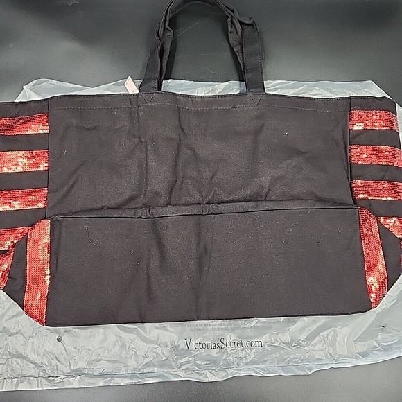 Victorias Secret Black Red Sequins Tote Large Travel Bag Valentines Day Lips NEW - Picture 10 of 16